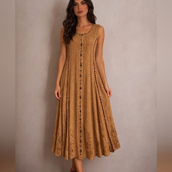 Magic Dresses & Skirts - VTG MAGIC 1980s Tan Floral Embroidered Tie Back Sleeveless Circle Dress